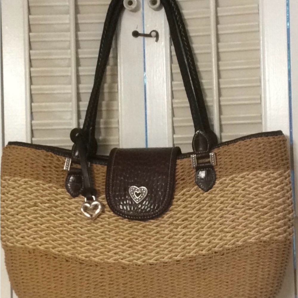 Brighton Tan Woven Tote with Dark Brown Trim and Heart Charm